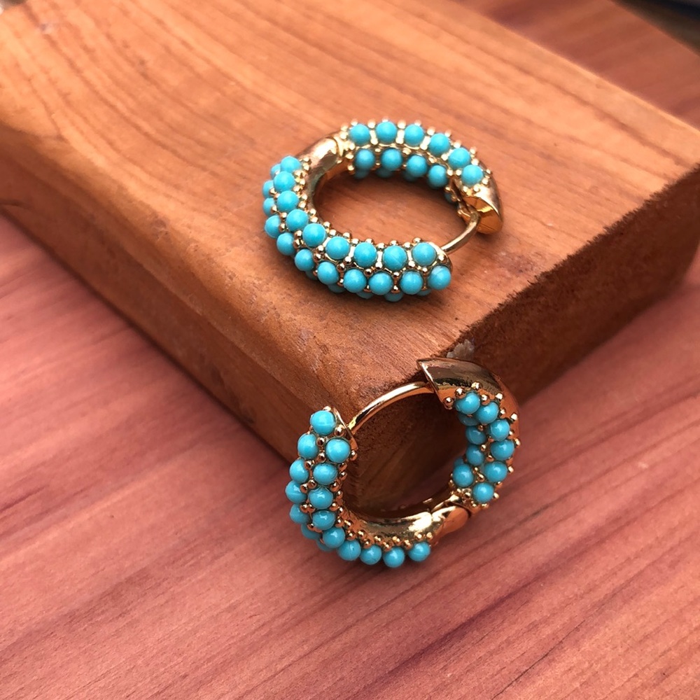 🌿Turquoise Pavè Huggie Hoops - Picture 2 of 7